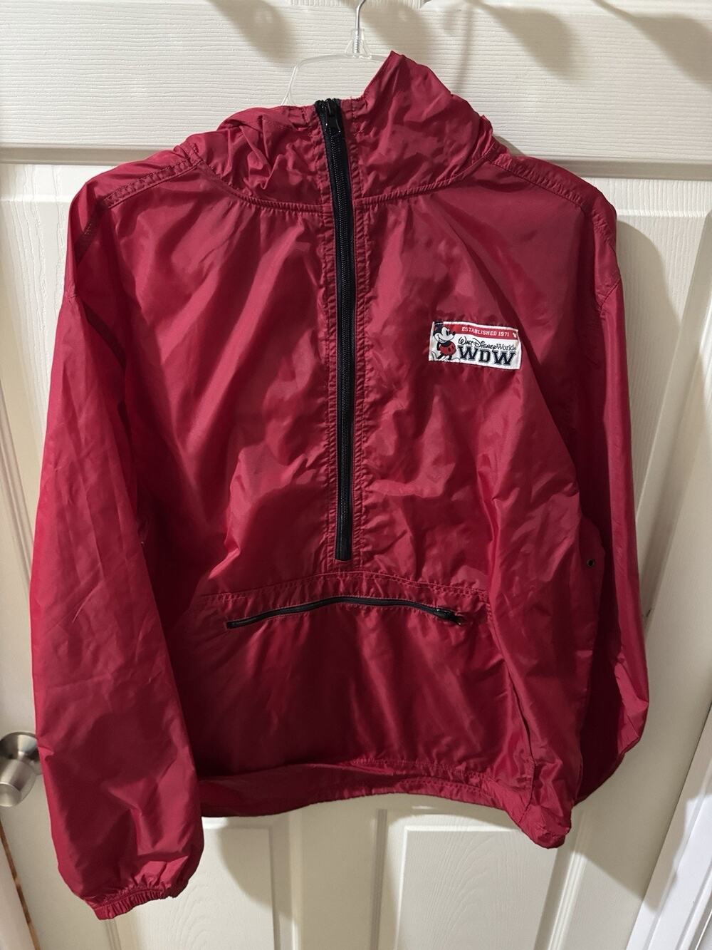 VTG Disney Parks Men's 1/2 Zip Hooded Pullover Rain Jacket Red • Medium Mickey